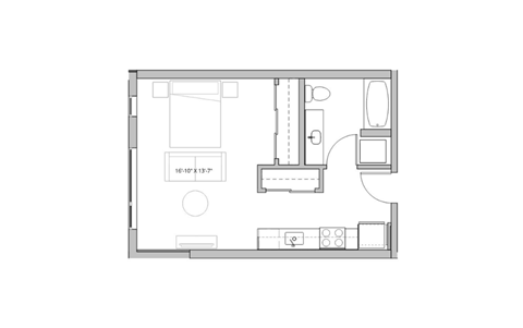 Floor plan for studio, 1 bath, 483 sqft